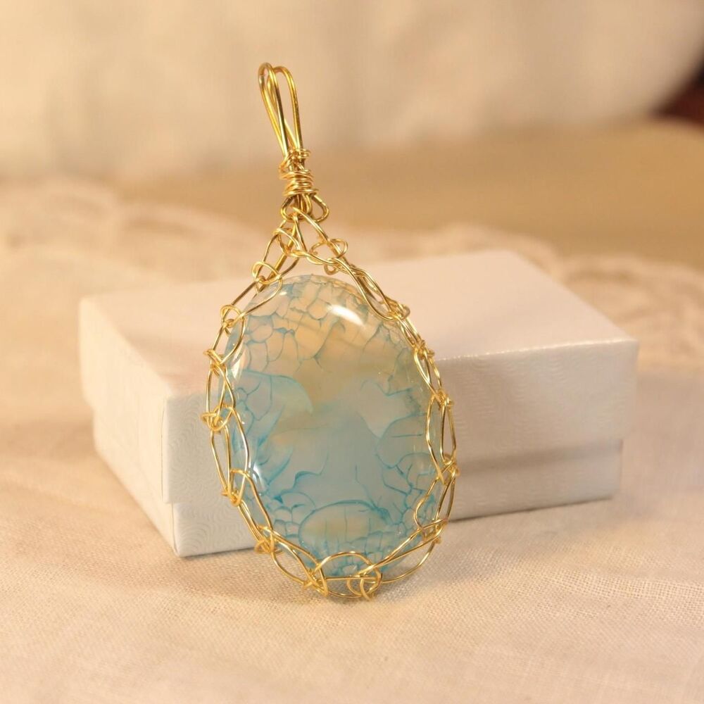Light Blue Crackle Stone Pendant Wrapped in Gold-Tone Wire